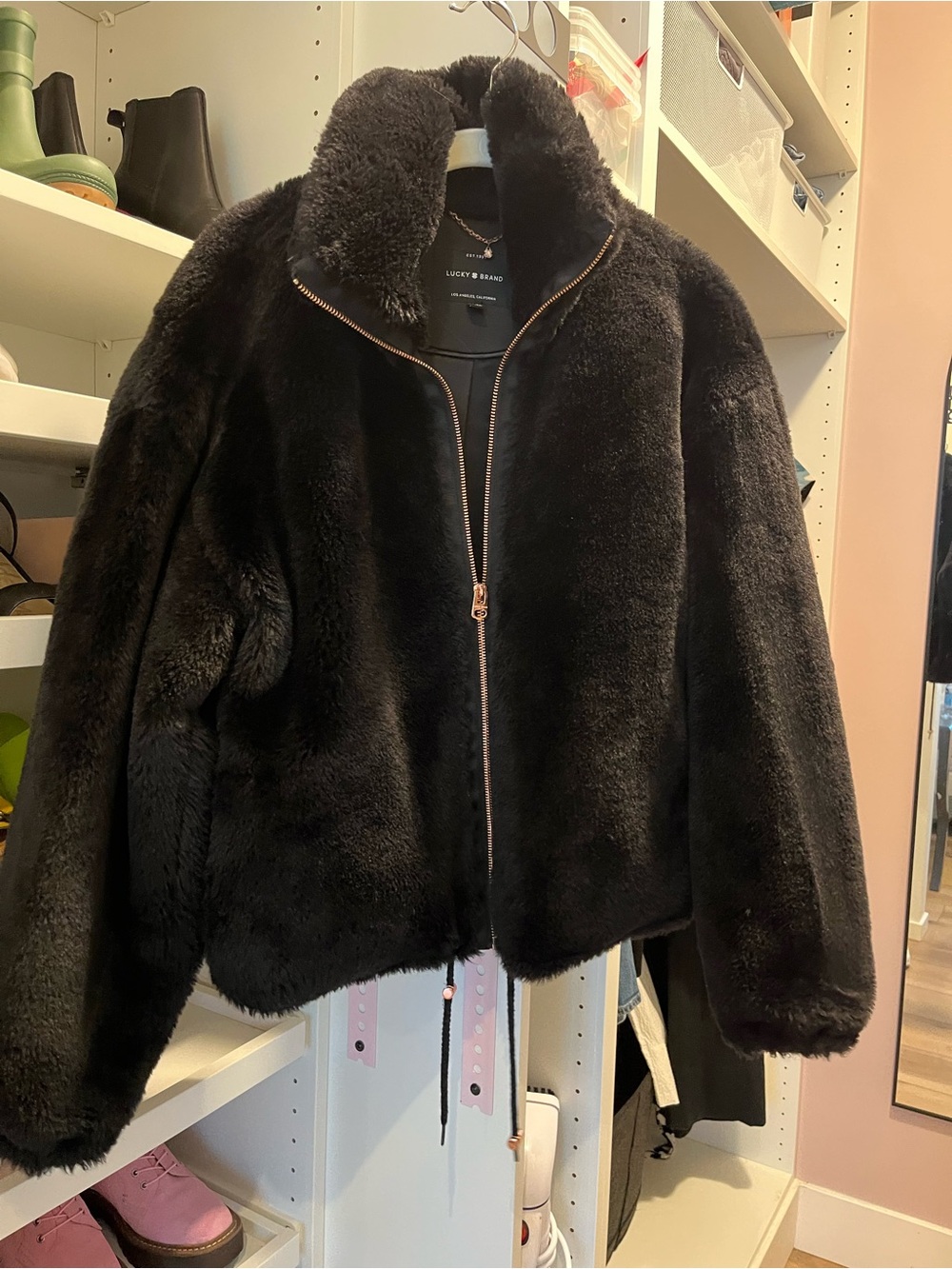 Lucky Brand Black Faux Fur Zip Front Bomber Jacket